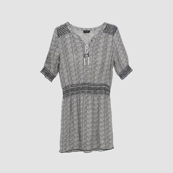 White Printed Drawstring Neckline Short Midi Dress